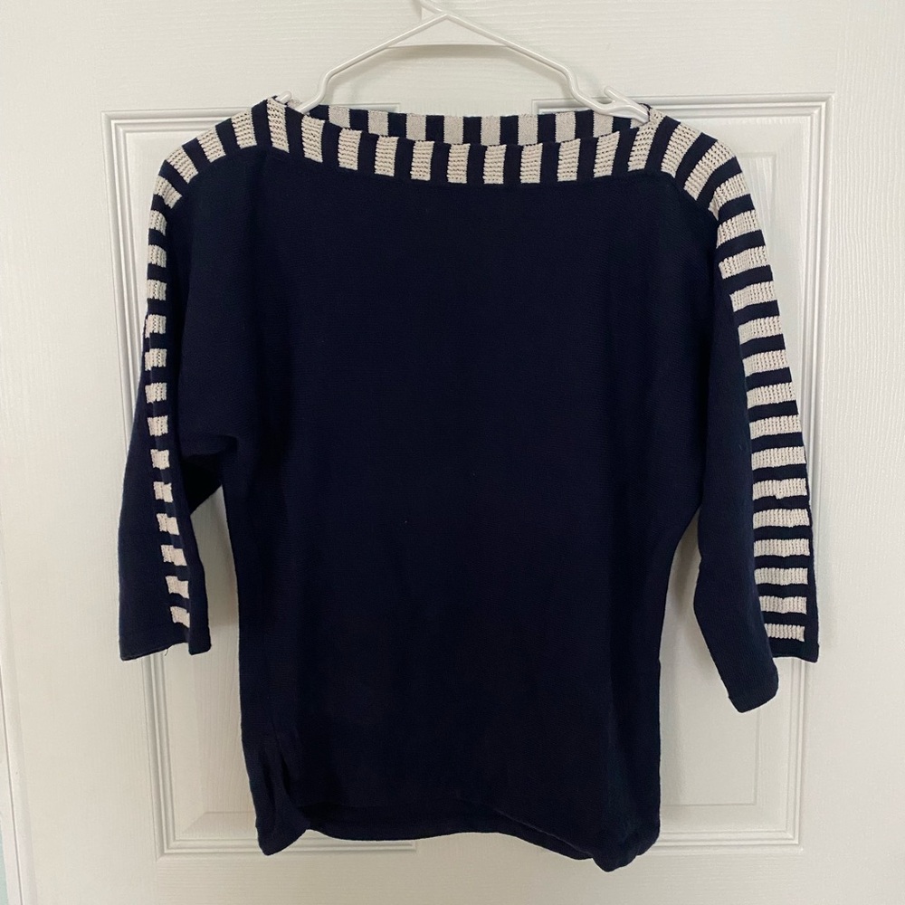 St. John Blue and White Crew Neck Top with Striped Accents